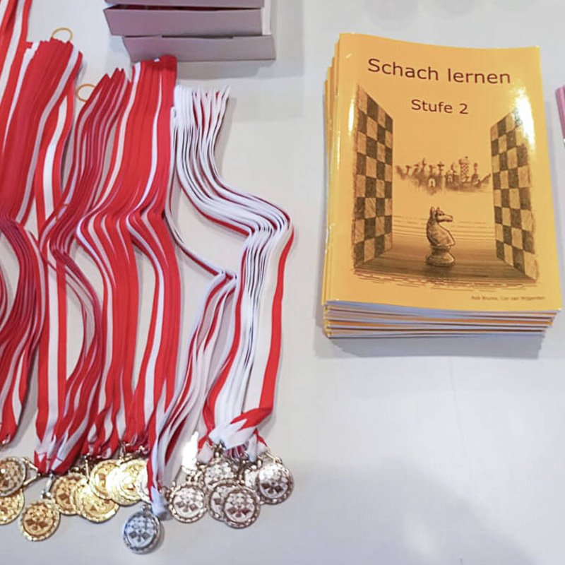 Ordentlich auf einem Tisch angeordnete Medaillen und Bücher symbolisieren die Balance zwischen Sport und Bildung